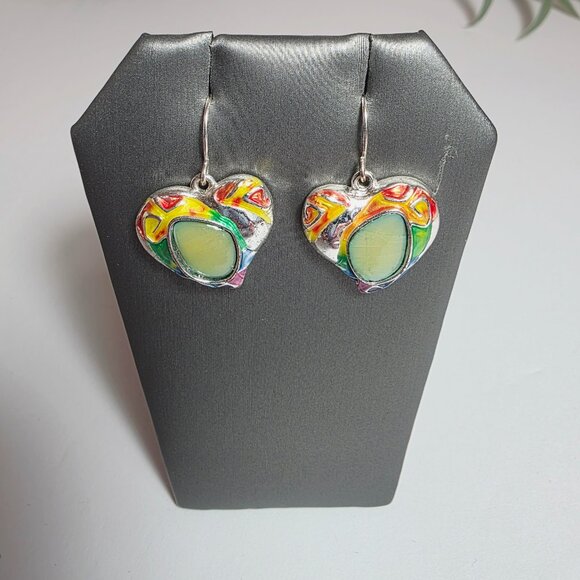 Colorful Enamel Heart Dangle Earrings - Silver Tone - Picture 2 of 8